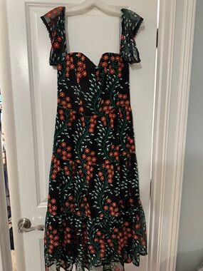 Dress the Population Black Midi Dress with Orange Floral & Green Vine Embroidery